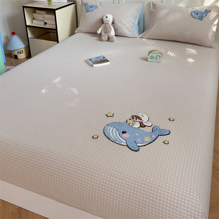 91家纺网 家纺一手货源 找家纺 暖生活 2026新款全棉纯棉色织水洗棉毛巾绣床笠三件套 蓝鲸梦