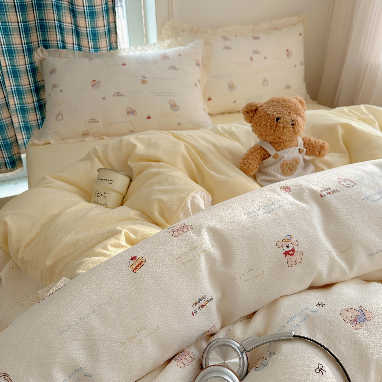 91家纺网 家纺一手货源 找家纺 仟网汇 2026新款彩色花边皱皱纱四件套 阿吉豆