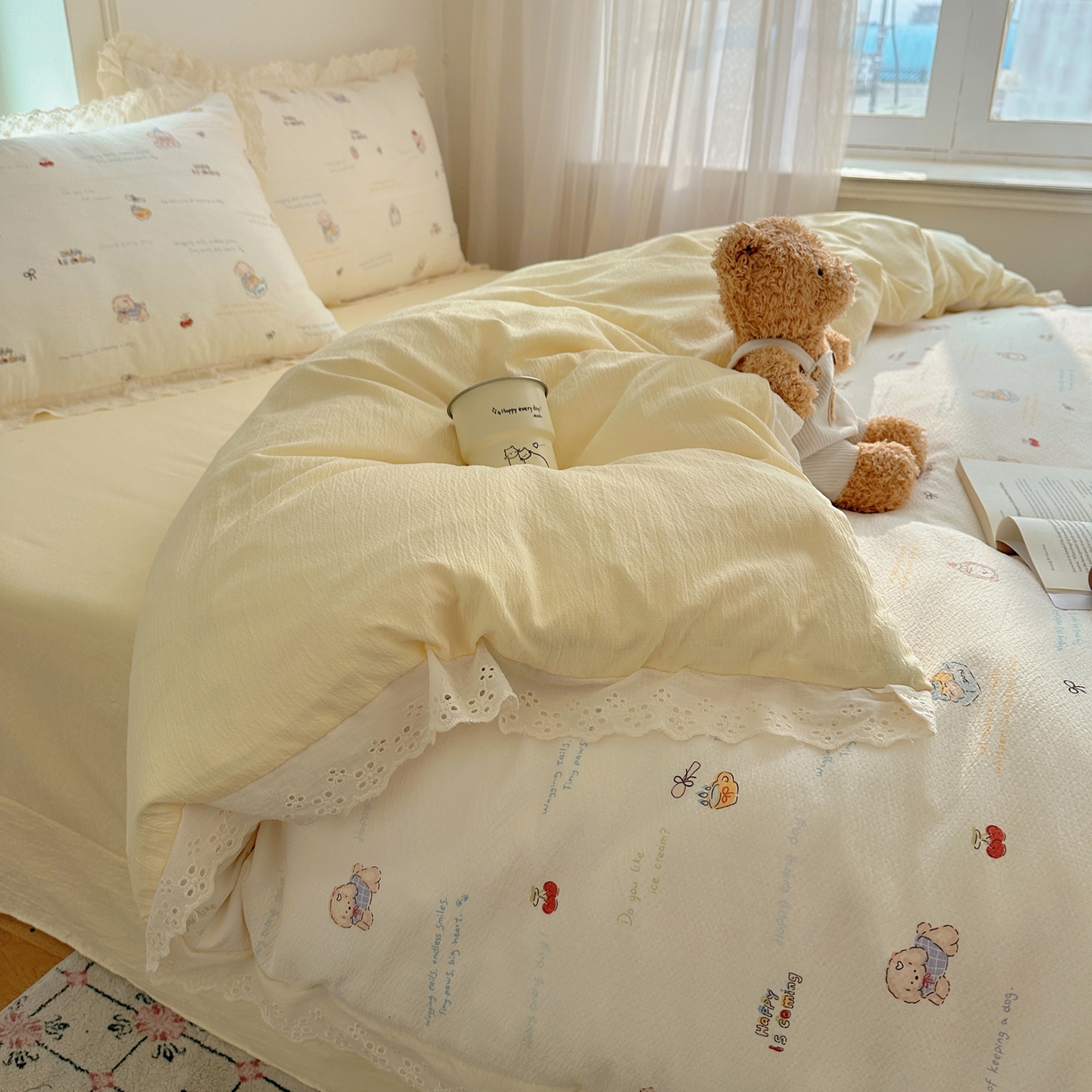 91家纺网 家纺一手货源 找家纺 仟网汇 2026新款彩色花边皱皱纱四件套 阿吉豆