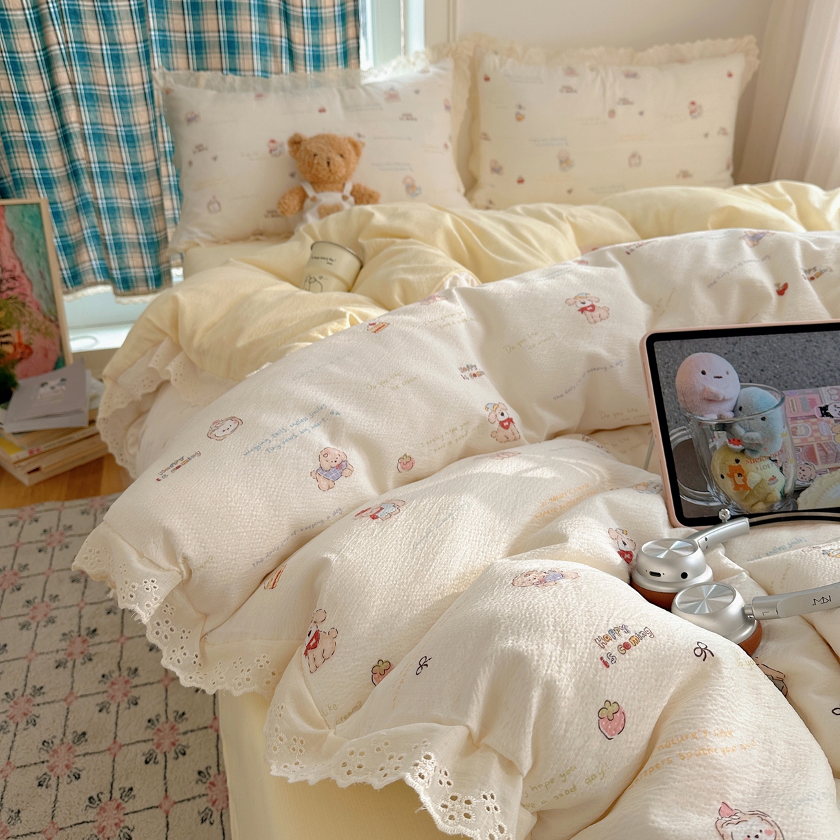 91家纺网 家纺一手货源 找家纺 仟网汇 2026新款彩色花边皱皱纱四件套 阿吉豆