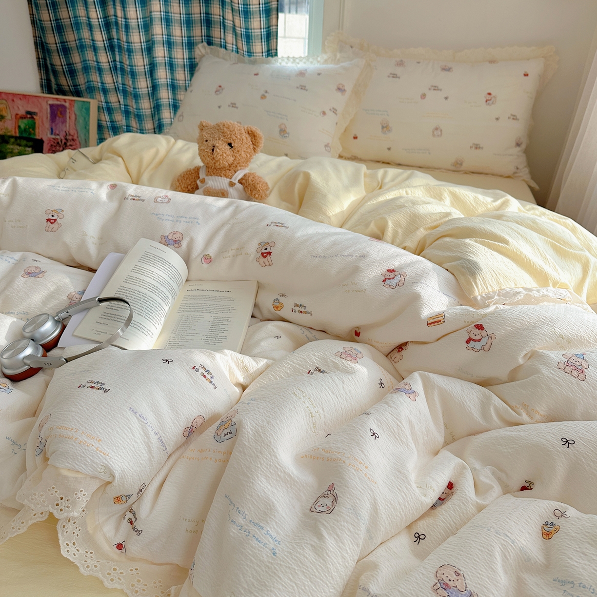 91家纺网 家纺一手货源 找家纺 仟网汇 2026新款彩色花边皱皱纱四件套 阿吉豆