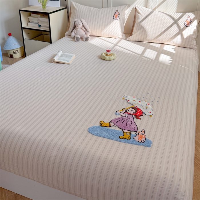 91家纺网 家纺一手货源 找家纺 暖生活 2026新款全棉纯棉色织水洗棉毛巾绣床笠三件套 下雨天