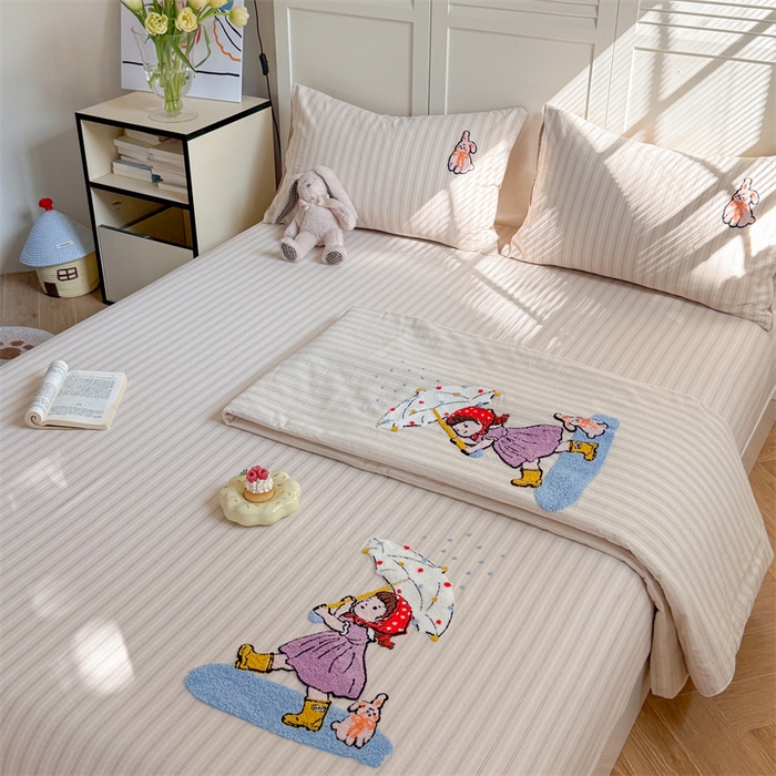 91家纺网 家纺一手货源 找家纺 暖生活 2026新款全棉纯棉色织水洗棉毛巾绣床笠三件套 下雨天