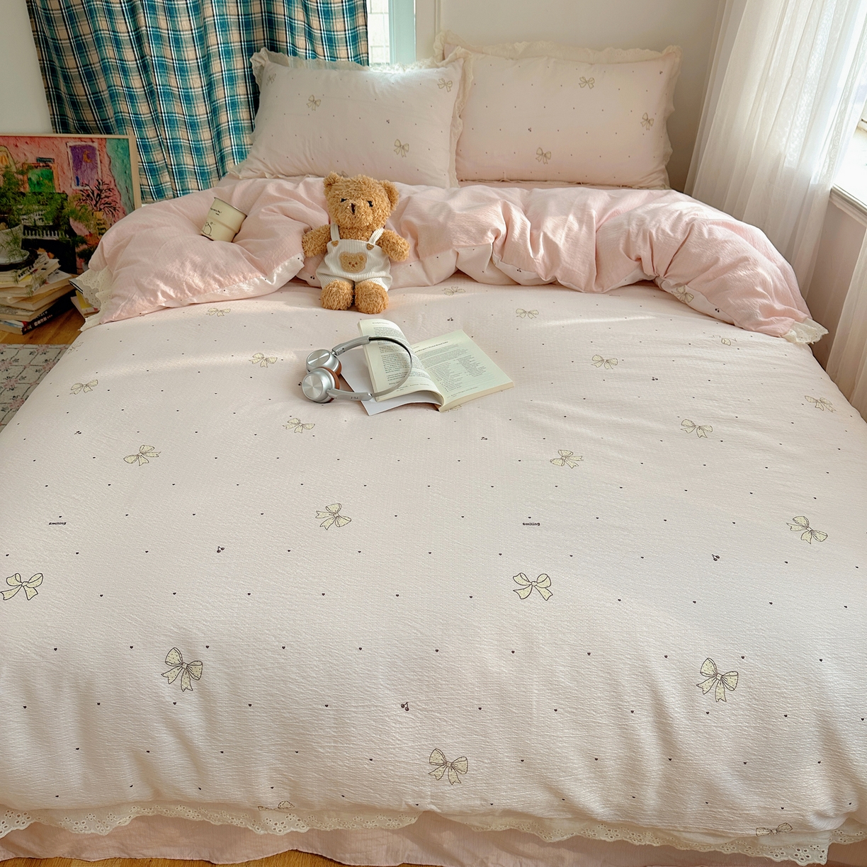 91家纺网 家纺一手货源 找家纺 仟网汇 2026新款彩色花边皱皱纱四件套 初心粉