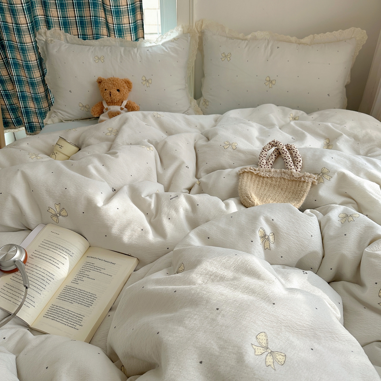 91家纺网 家纺一手货源 找家纺 仟网汇 2026新款彩色花边皱皱纱四件套 初心蓝