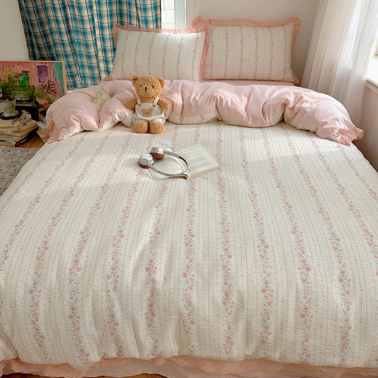 91家纺网 家纺一手货源 找家纺 仟网汇 2026新款彩色花边皱皱纱四件套 扶摇