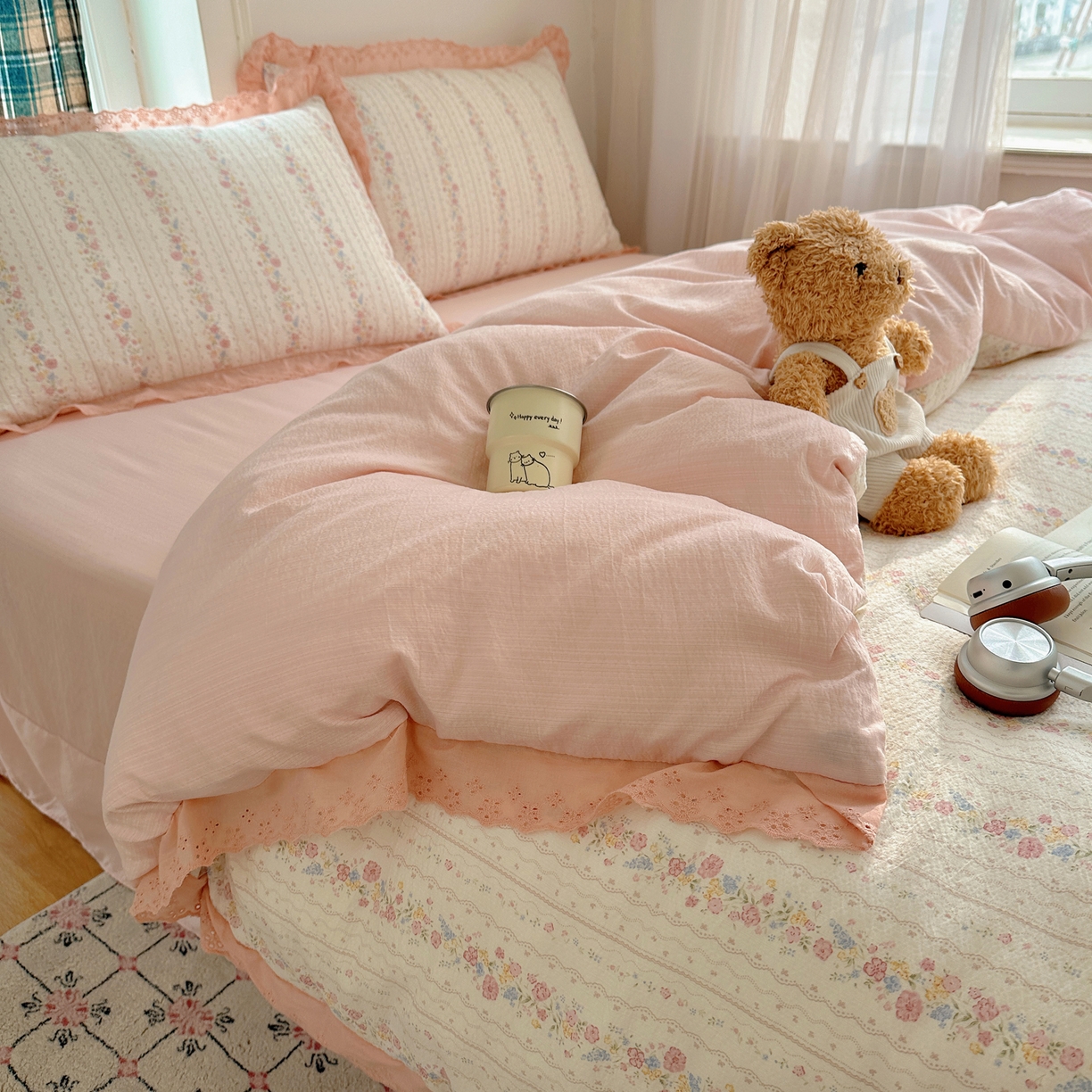 91家纺网 家纺一手货源 找家纺 仟网汇 2026新款彩色花边皱皱纱四件套 扶摇