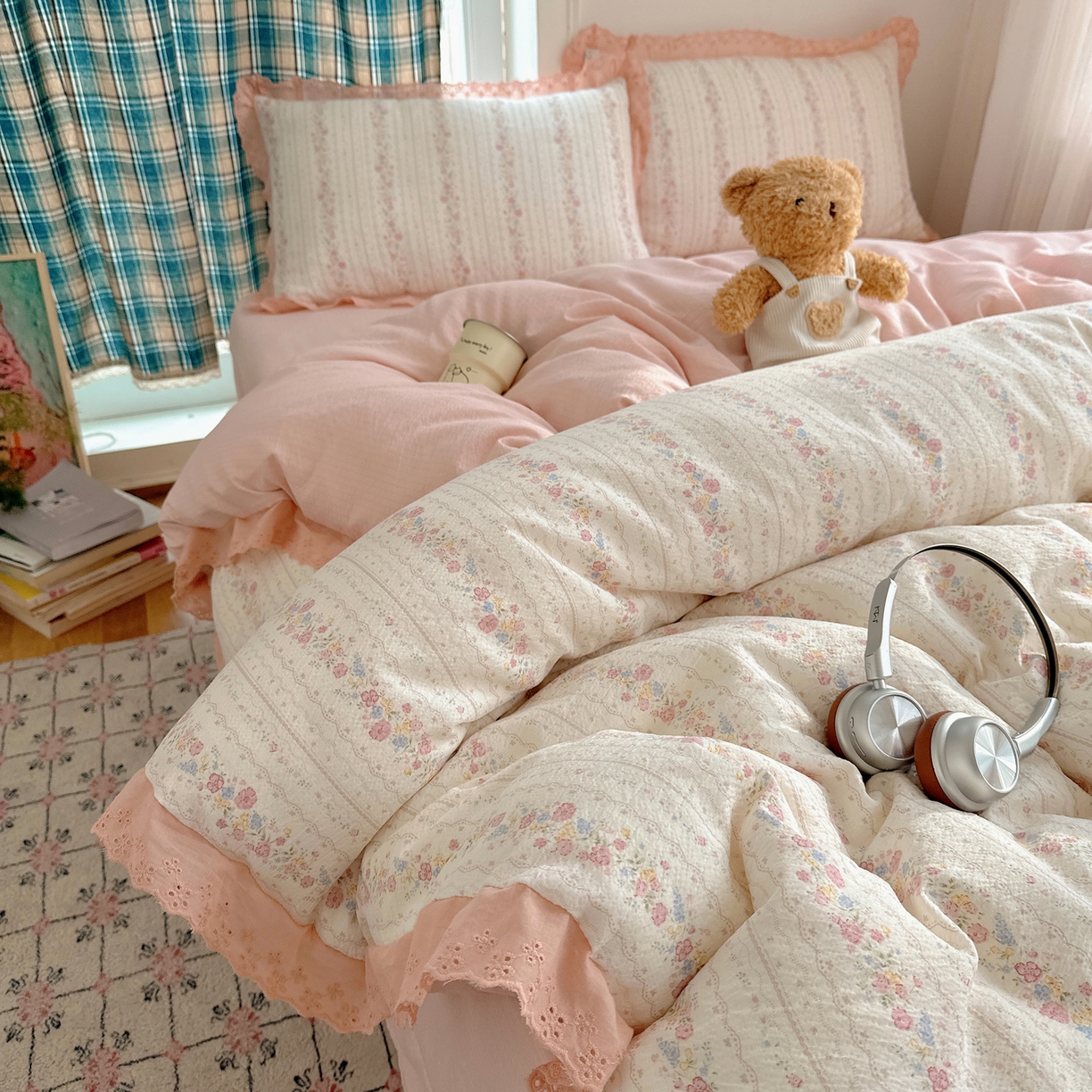 91家纺网 家纺一手货源 找家纺 仟网汇 2026新款彩色花边皱皱纱四件套 扶摇