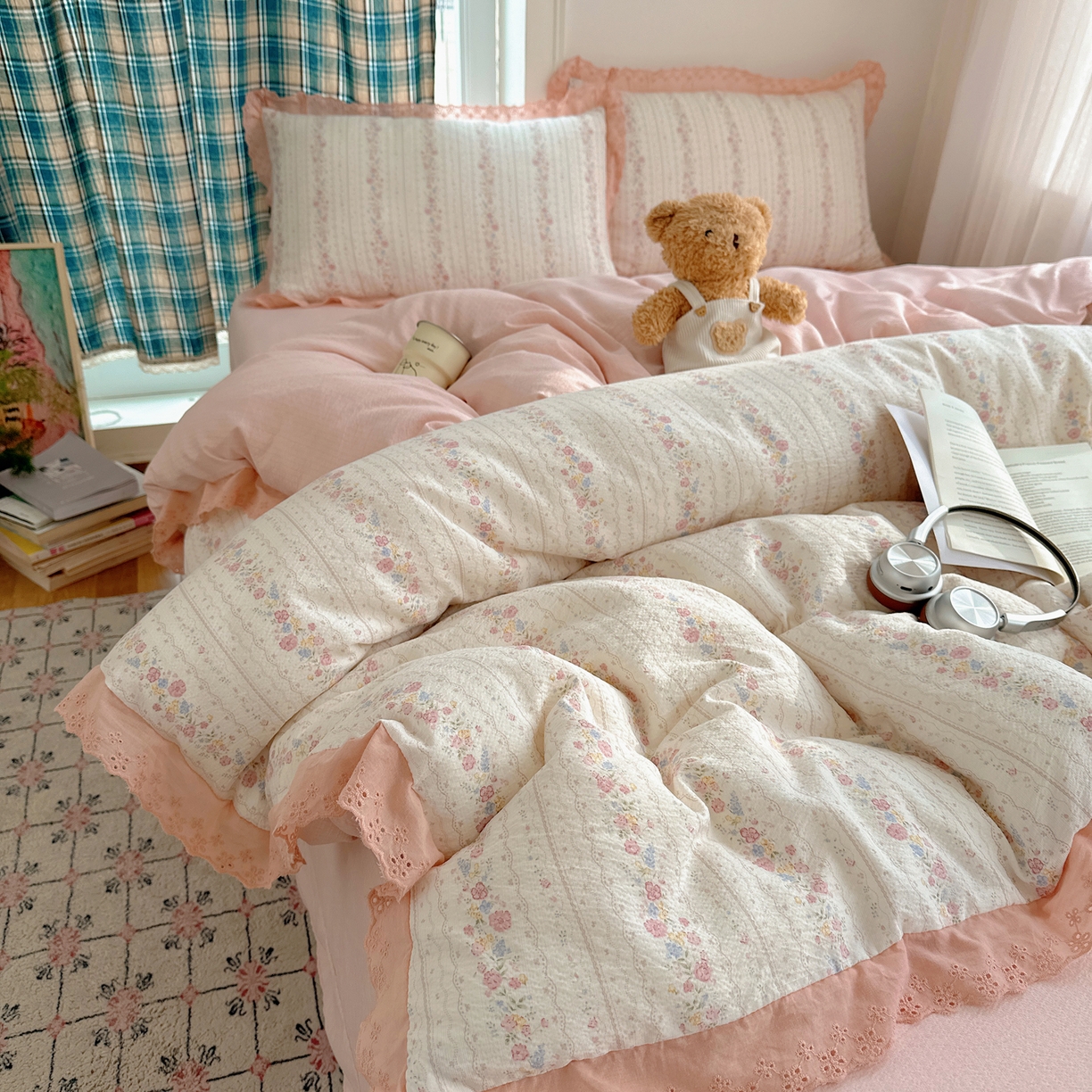 91家纺网 家纺一手货源 找家纺 仟网汇 2026新款彩色花边皱皱纱四件套 扶摇