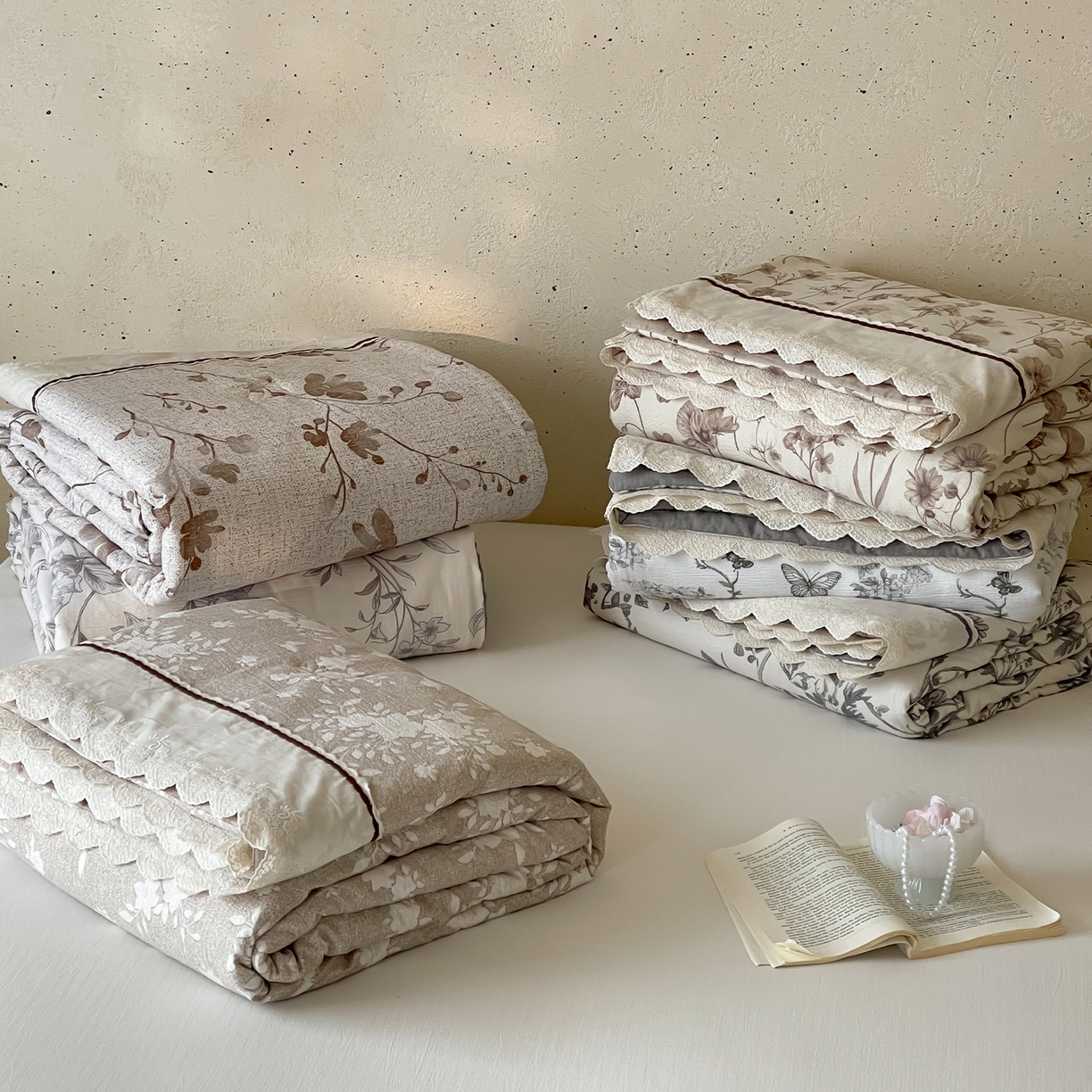 一加一 2026新款花边素麻复古风大豆夏被夏凉被空调被四件套-素麻生活 组合图仅供展示不可下单