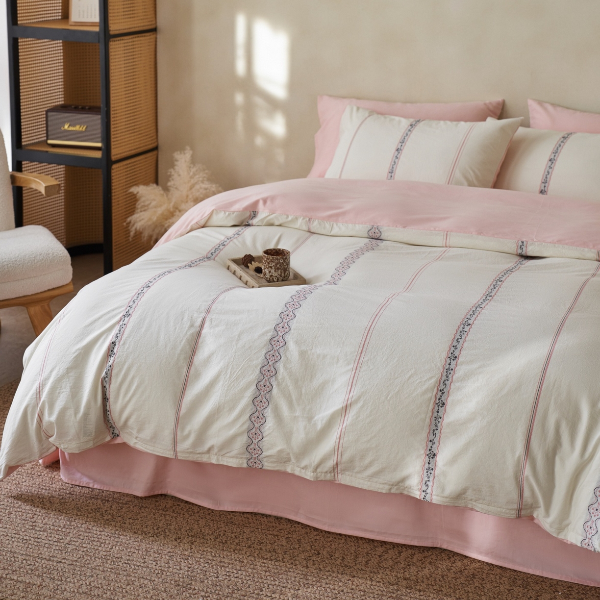 91家纺网 家纺一手货源 找家纺 （总）安莱生活 2026春夏新款水洗棉色织全棉纯棉剪花繁花系列四件套 剪花繁花系列（券后最低控价319）