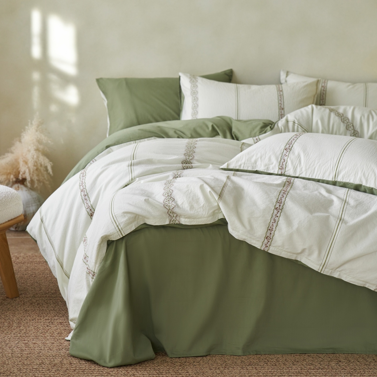 安莱生活 2026春夏新款水洗棉色织全棉纯棉剪花繁花系列四件套 剪花：繁花-绿咖（券后最低控价319）