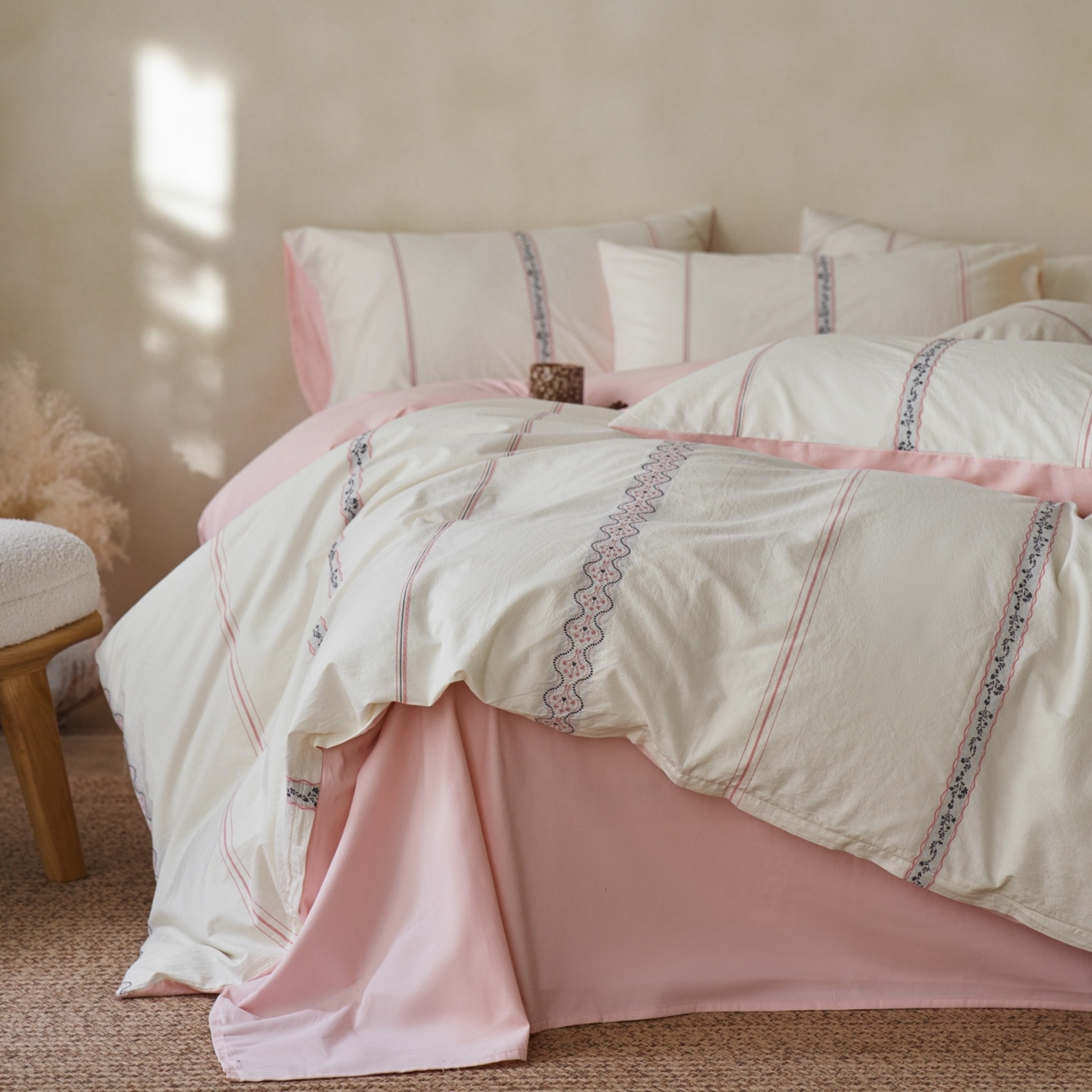 安莱生活 2026春夏新款水洗棉色织全棉纯棉剪花繁花系列四件套 剪花：繁花-灰粉（券后最低控价319）