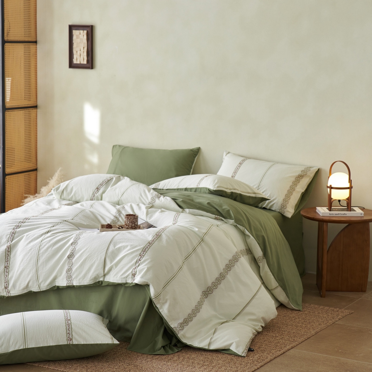 91家纺网 家纺一手货源 找家纺 安莱生活 2026春夏新款水洗棉色织全棉纯棉剪花繁花系列四件套 剪花：繁花-绿咖（券后最低控价319）