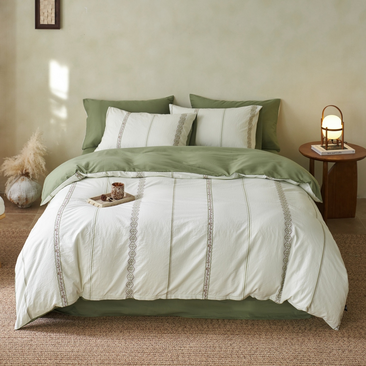 91家纺网 家纺一手货源 找家纺 安莱生活 2026春夏新款水洗棉色织全棉纯棉剪花繁花系列四件套 剪花：繁花-绿咖（券后最低控价319）