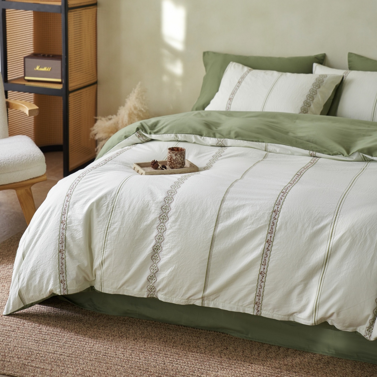 91家纺网 家纺一手货源 找家纺 安莱生活 2026春夏新款水洗棉色织全棉纯棉剪花繁花系列四件套 剪花：繁花-绿咖（券后最低控价319）