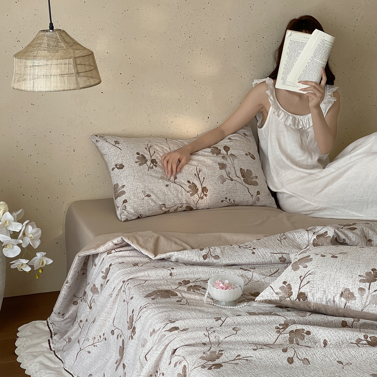 91家纺网 家纺一手货源 找家纺 一加一 2026新款花边素麻复古风大豆夏被夏凉被空调被四件套-素麻生活 草木疏影