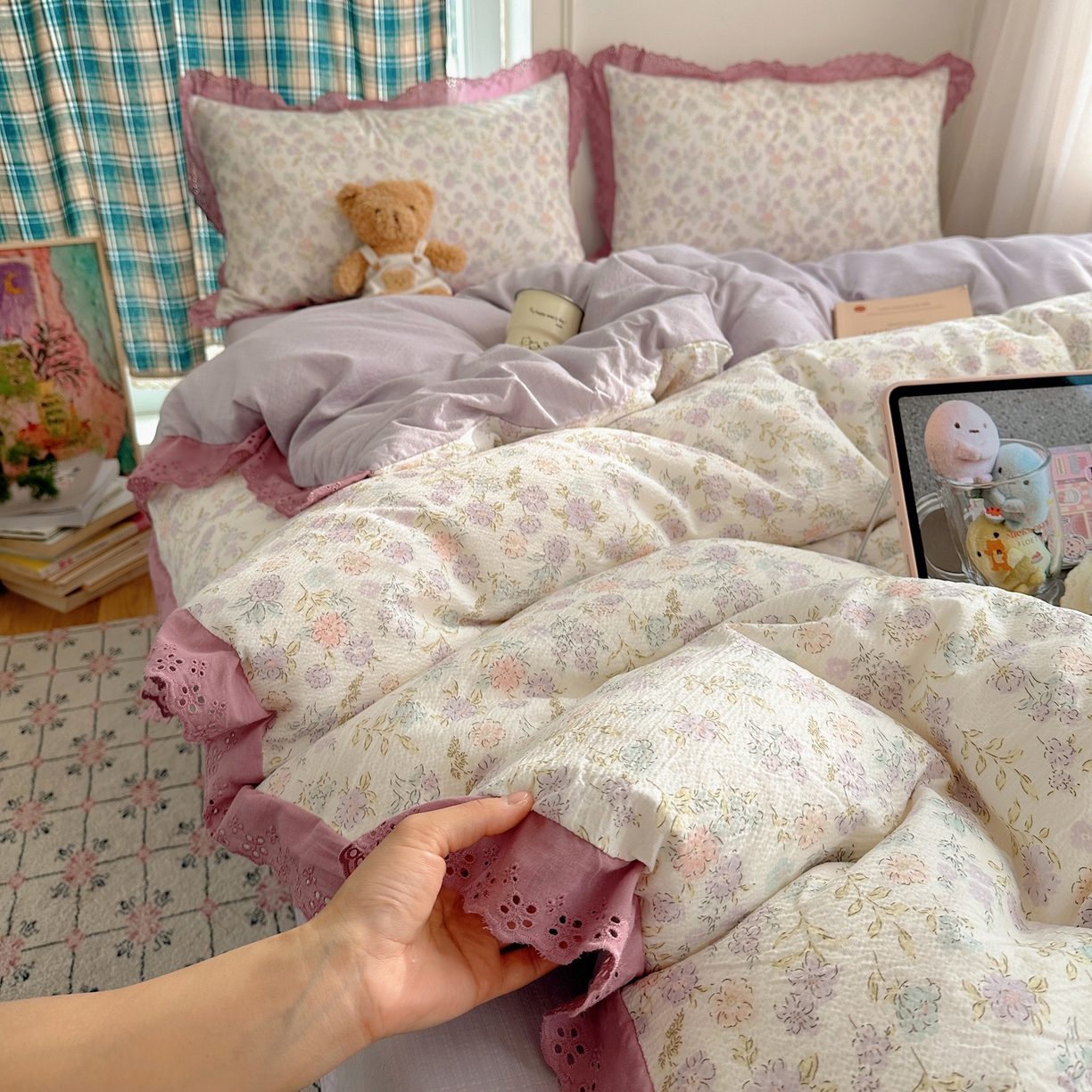 仟网汇 2026新款彩色花边皱皱纱四件套 花漫漫