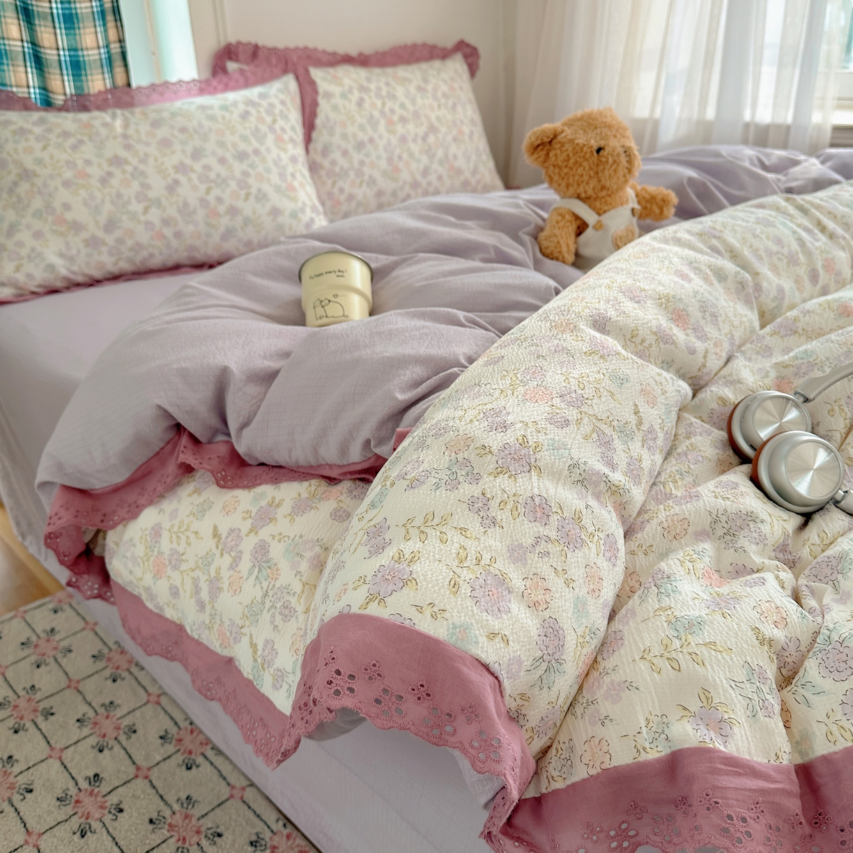 91家纺网 家纺一手货源 找家纺 仟网汇 2026新款彩色花边皱皱纱四件套 花漫漫