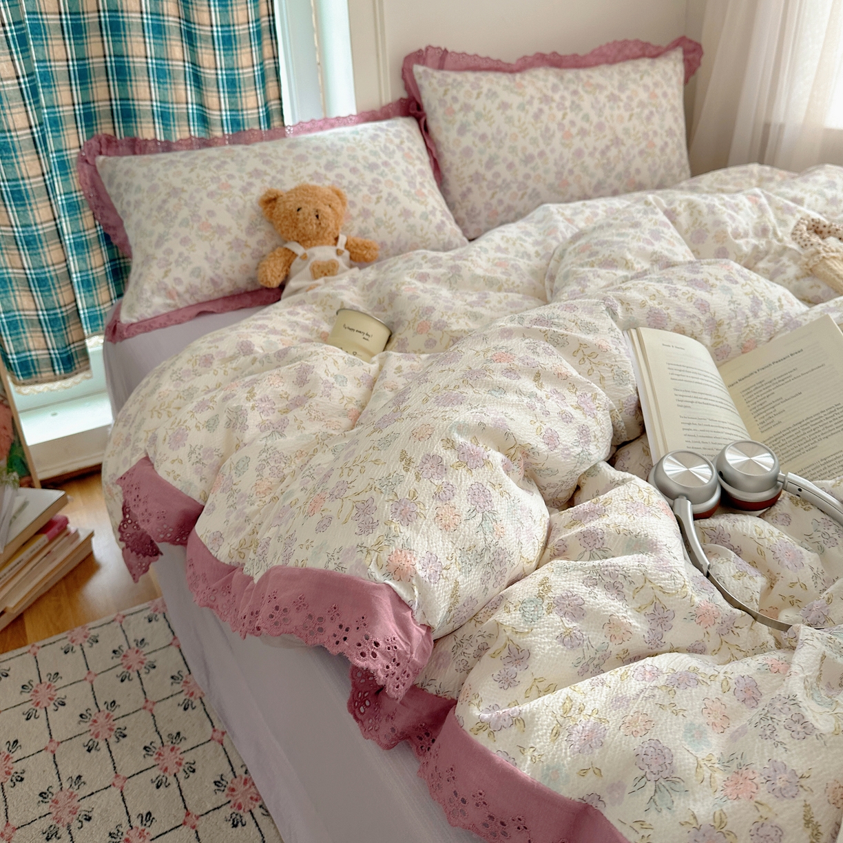 91家纺网 家纺一手货源 找家纺 仟网汇 2026新款彩色花边皱皱纱四件套 花漫漫