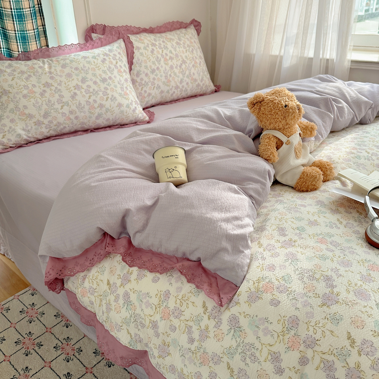 91家纺网 家纺一手货源 找家纺 仟网汇 2026新款彩色花边皱皱纱四件套 花漫漫