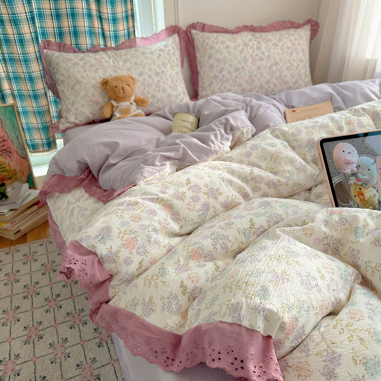 91家纺网 家纺一手货源 找家纺 仟网汇 2026新款彩色花边皱皱纱四件套 花漫漫