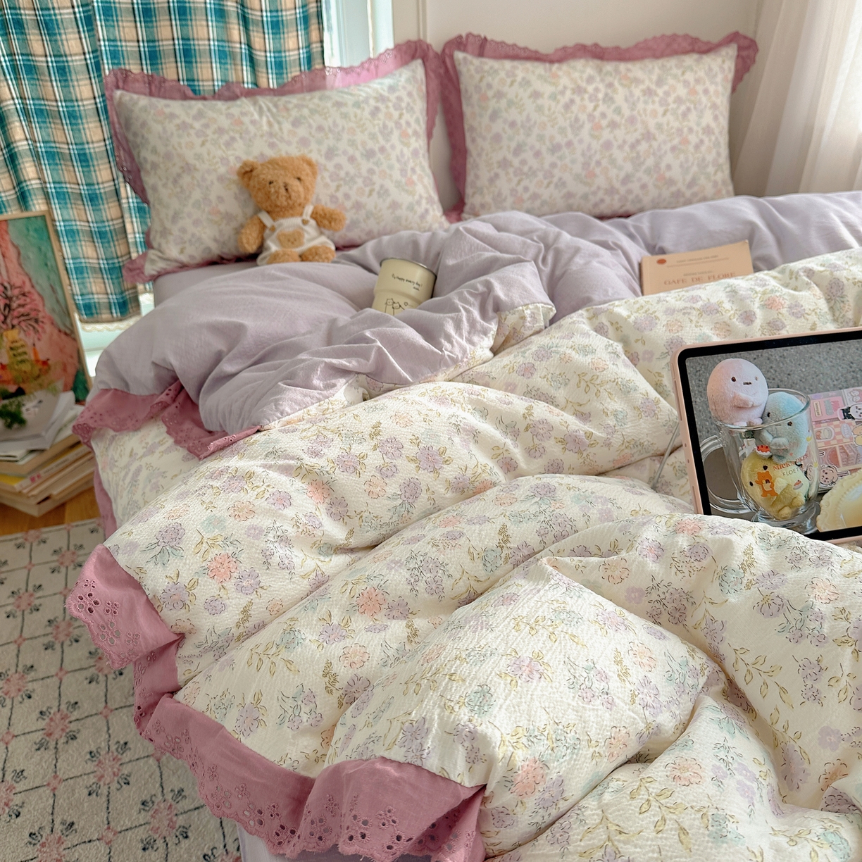 91家纺网 家纺一手货源 找家纺 仟网汇 2026新款彩色花边皱皱纱四件套 花漫漫