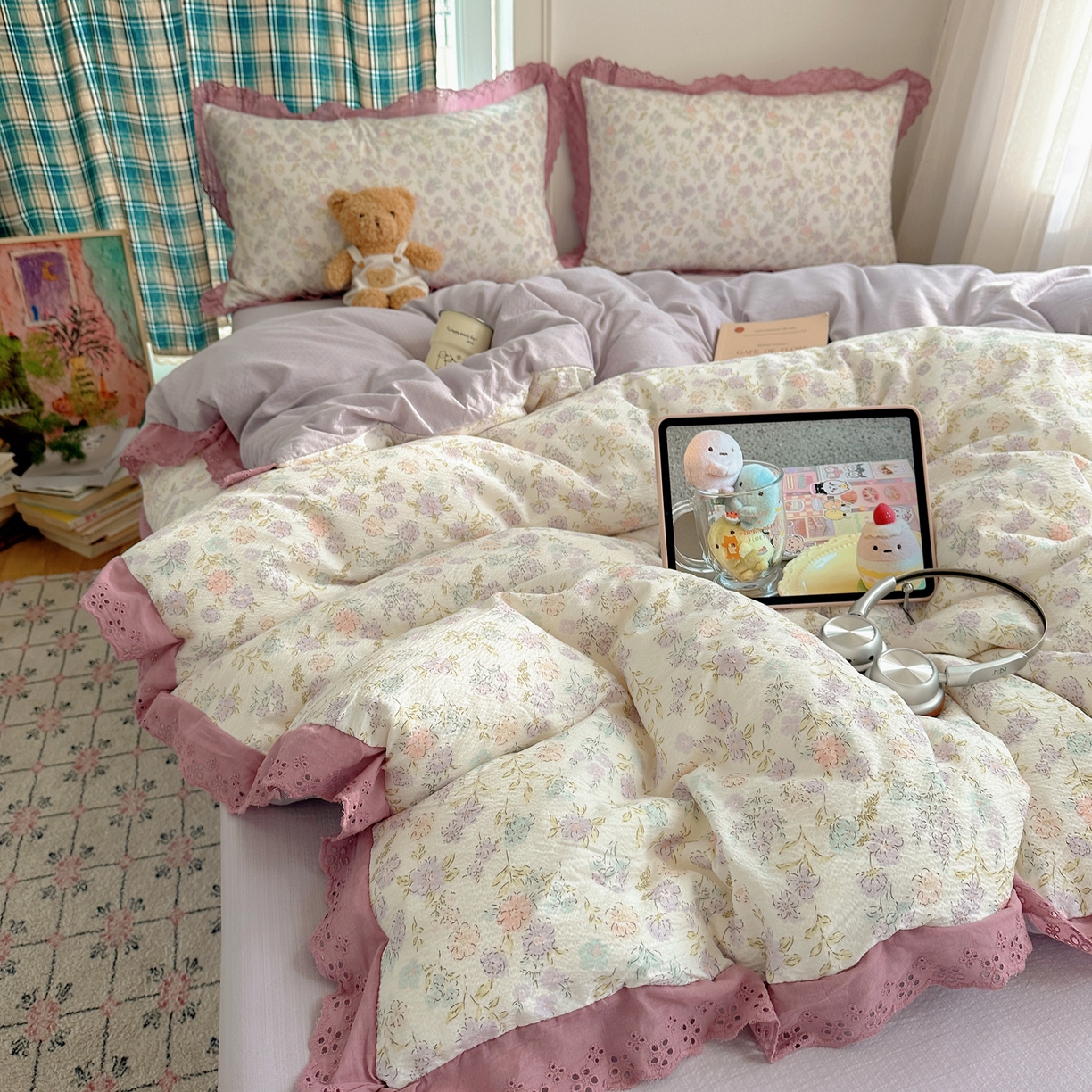 91家纺网 家纺一手货源 找家纺 仟网汇 2026新款彩色花边皱皱纱四件套 花漫漫