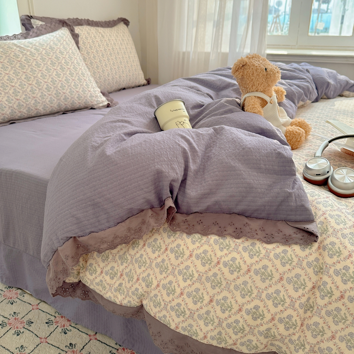 91家纺网 家纺一手货源 找家纺 仟网汇 2026新款彩色花边皱皱纱四件套 花蜜