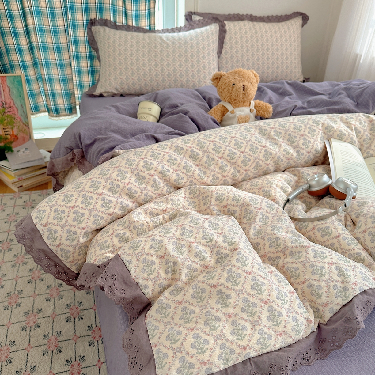 91家纺网 家纺一手货源 找家纺 仟网汇 2026新款彩色花边皱皱纱四件套 花蜜