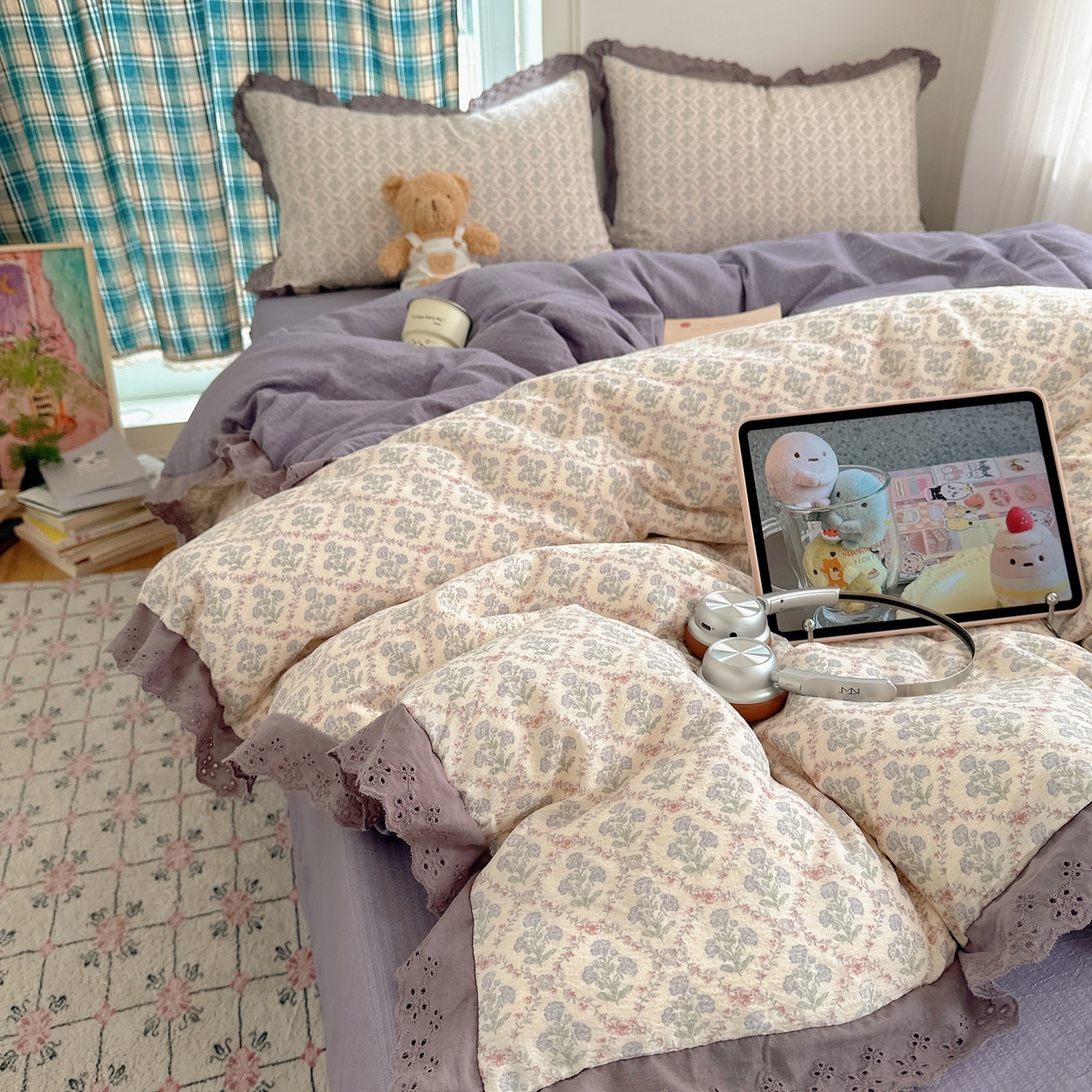 91家纺网 家纺一手货源 找家纺 仟网汇 2026新款彩色花边皱皱纱四件套 花蜜