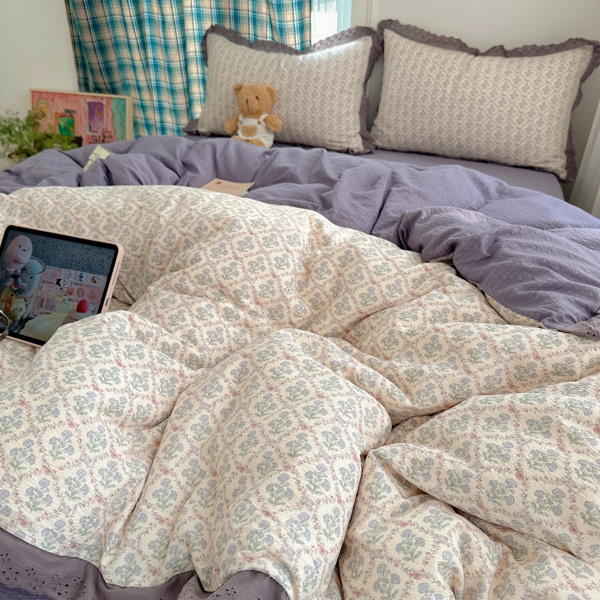 91家纺网 家纺一手货源 找家纺 仟网汇 2026新款彩色花边皱皱纱四件套 花蜜