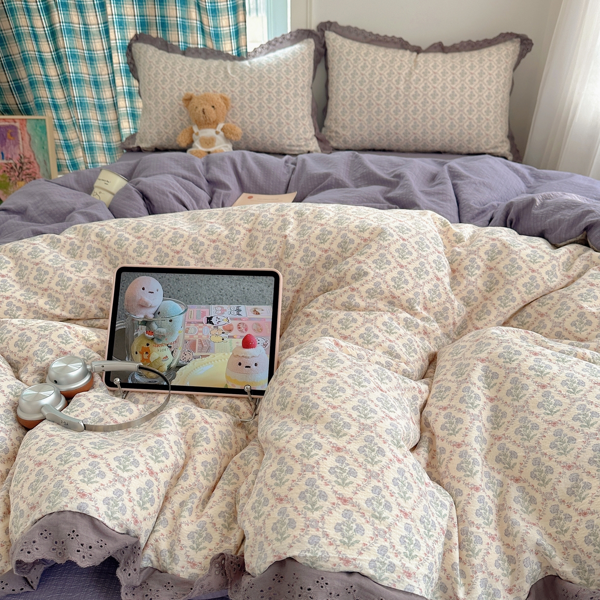 91家纺网 家纺一手货源 找家纺 仟网汇 2026新款彩色花边皱皱纱四件套 花蜜