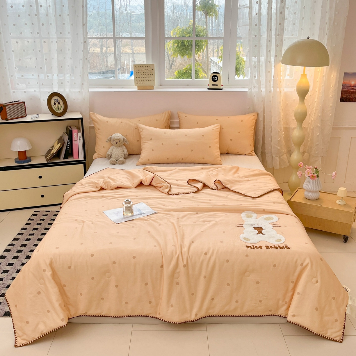 91家纺网 家纺一手货源 找家纺 一加一 2026新款全棉双层纱卡通毛巾绣大豆夏被夏凉被空调被-卡通生活 抱熊小兔