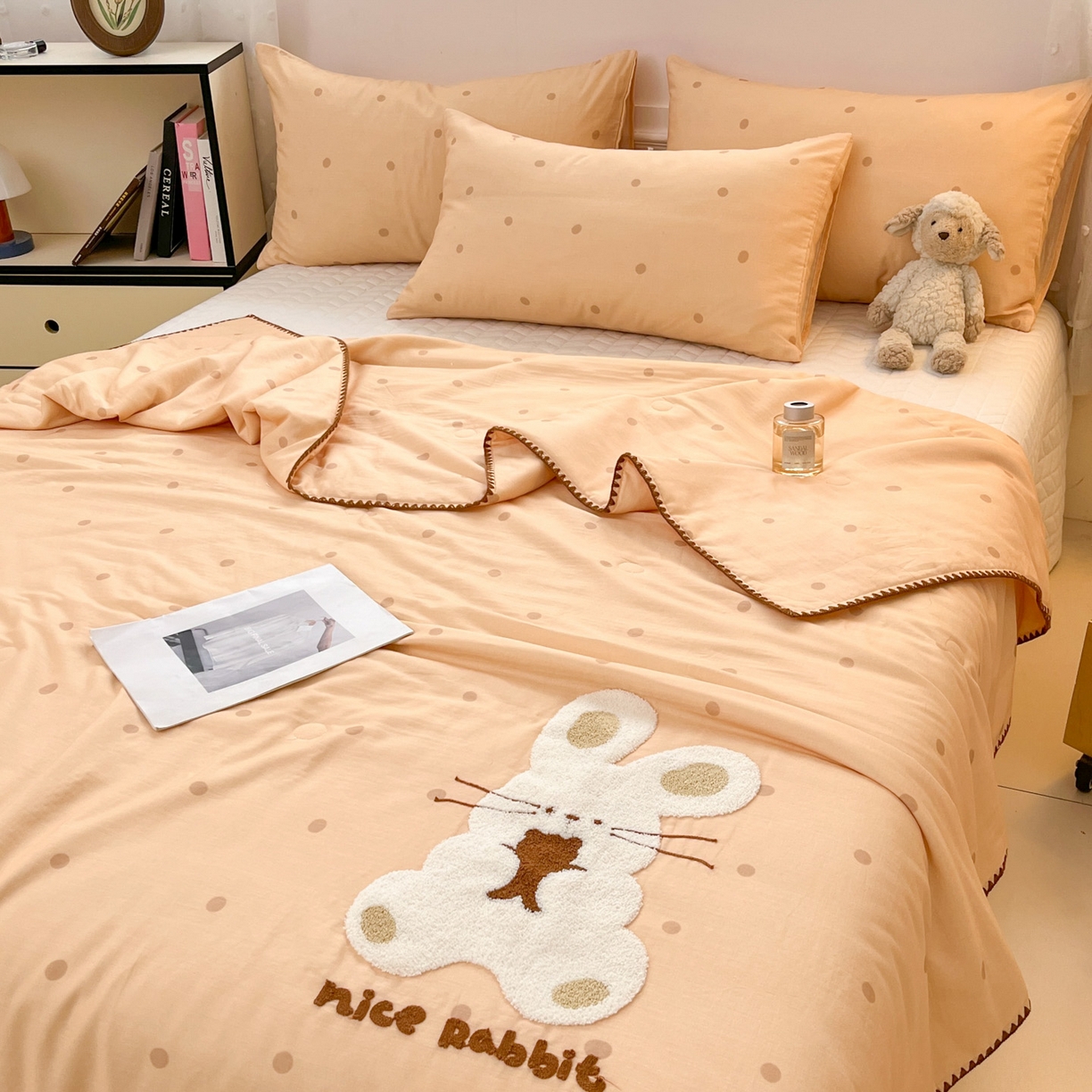 一加一 2026新款全棉双层纱卡通毛巾绣大豆夏被夏凉被空调被-卡通生活 抱熊小兔