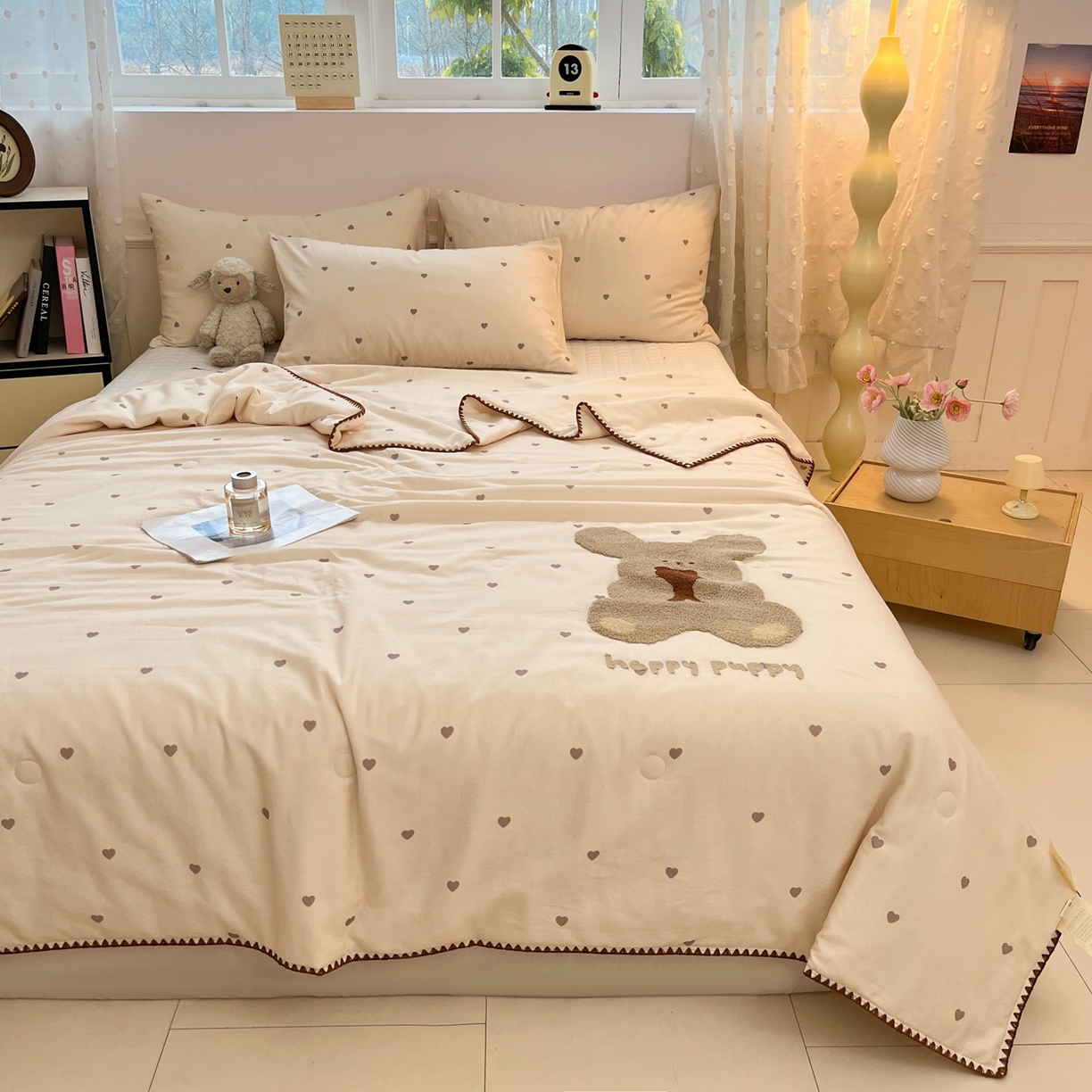 91家纺网 家纺一手货源 找家纺 一加一 2026新款全棉双层纱卡通毛巾绣大豆夏被夏凉被空调被-卡通生活 抱熊小狗