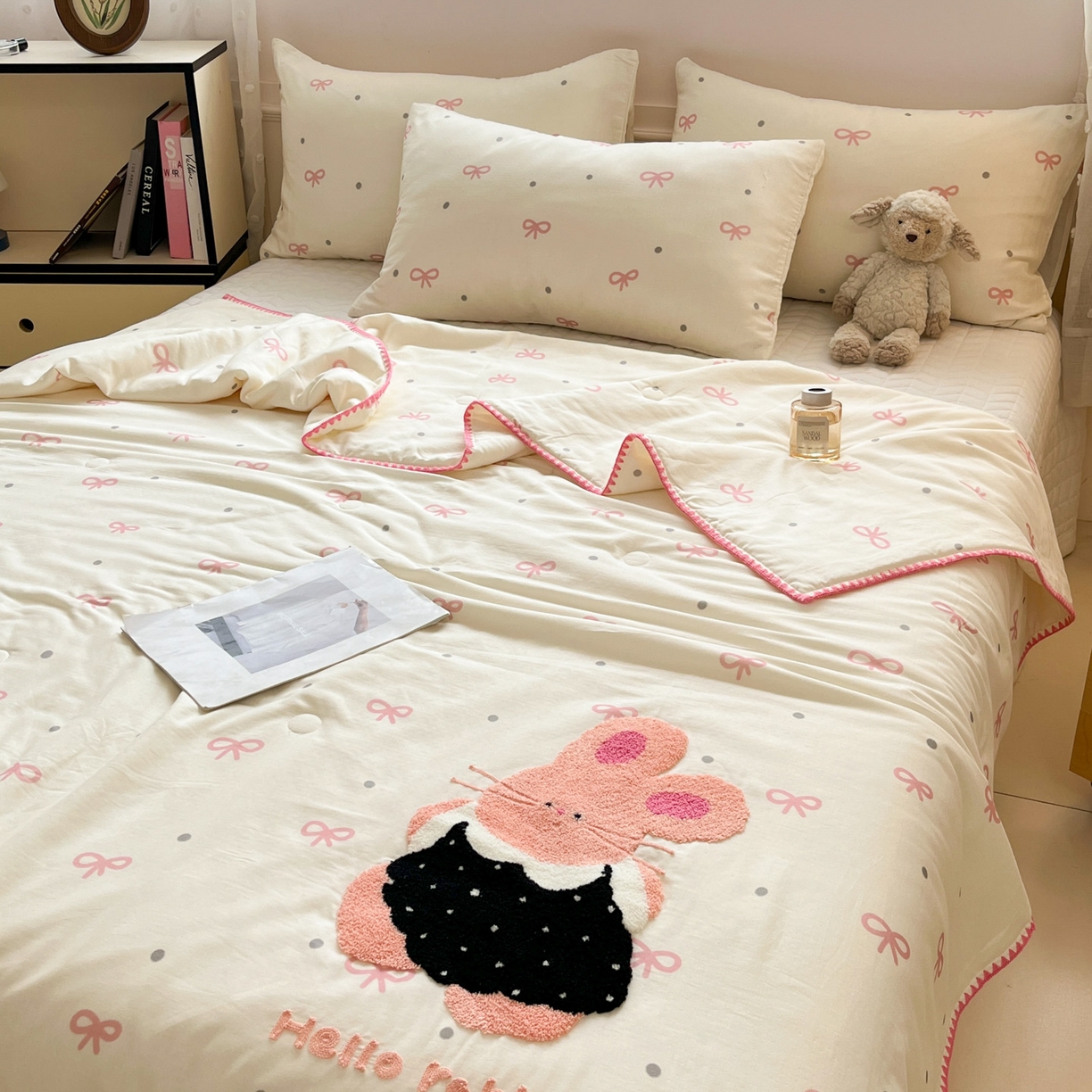 一加一 2026新款全棉双层纱卡通毛巾绣大豆夏被夏凉被空调被-卡通生活 蝴蝶结小兔