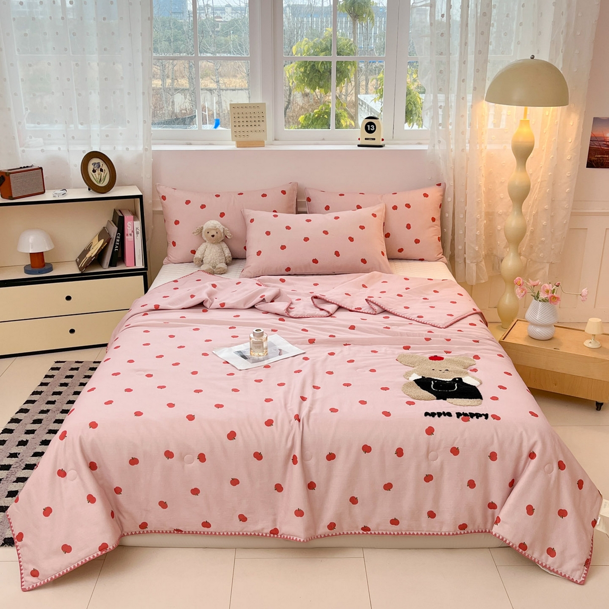 91家纺网 家纺一手货源 找家纺 一加一 2026新款全棉双层纱卡通毛巾绣大豆夏被夏凉被空调被-卡通生活 苹果小狗