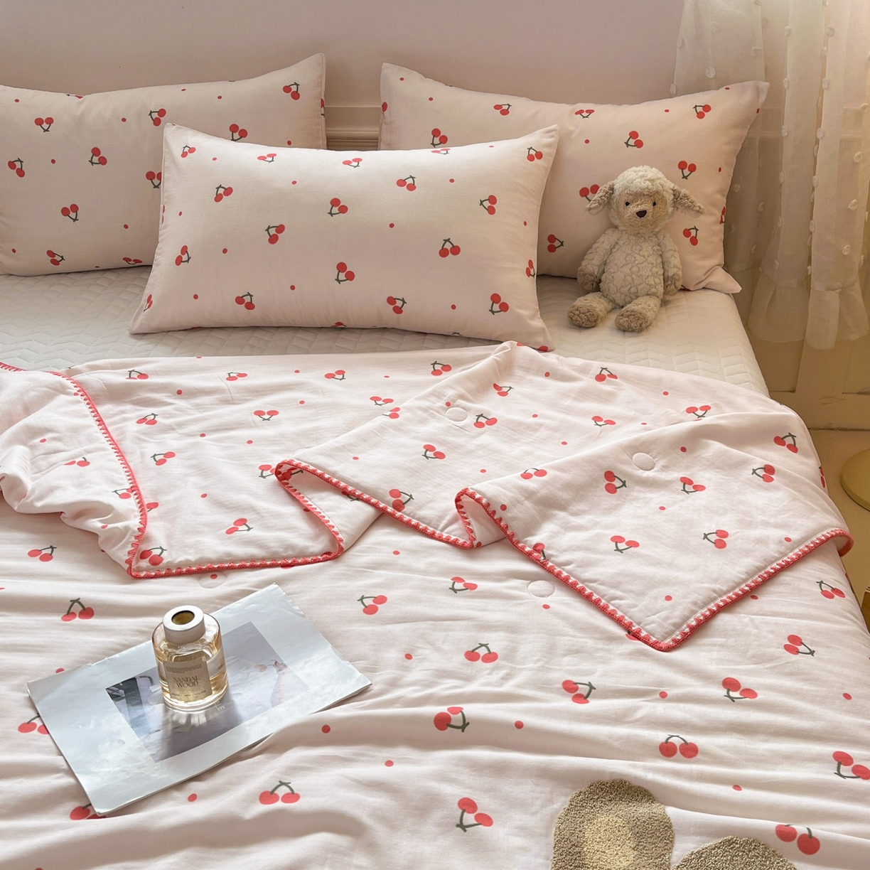 91家纺网 家纺一手货源 找家纺 一加一 2026新款全棉双层纱卡通毛巾绣大豆夏被夏凉被空调被-卡通生活 樱桃小兔