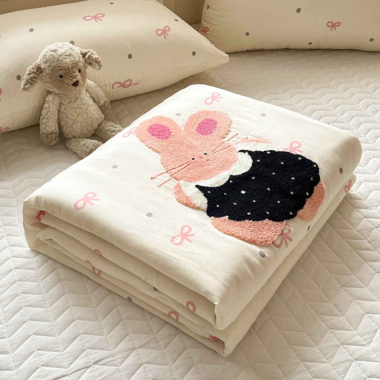 91家纺网 家纺一手货源 找家纺 一加一 2026新款全棉双层纱卡通毛巾绣大豆夏被夏凉被空调被-卡通生活 蝴蝶结小兔