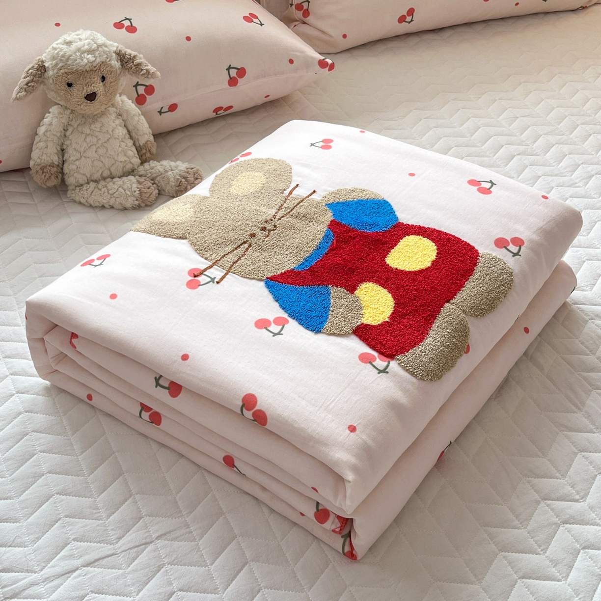 91家纺网 家纺一手货源 找家纺 一加一 2026新款全棉双层纱卡通毛巾绣大豆夏被夏凉被空调被-卡通生活 樱桃小兔