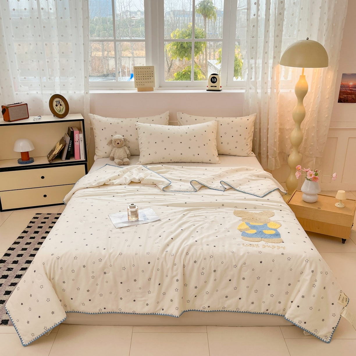 91家纺网 家纺一手货源 找家纺 一加一 2026新款全棉双层纱卡通毛巾绣大豆夏被夏凉被空调被-卡通生活 星星小兔