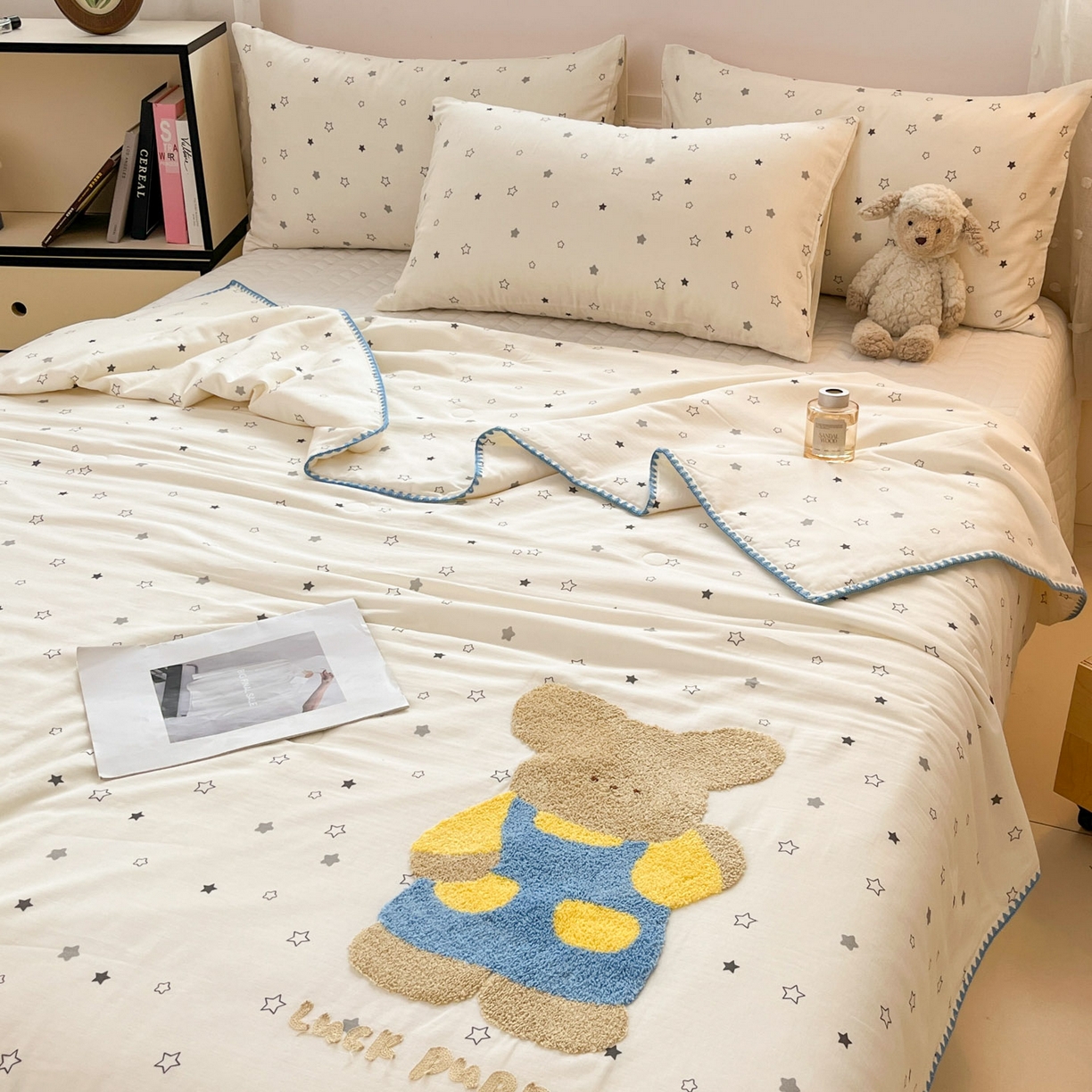 一加一 2026新款全棉双层纱卡通毛巾绣大豆夏被夏凉被空调被-卡通生活 星星小兔