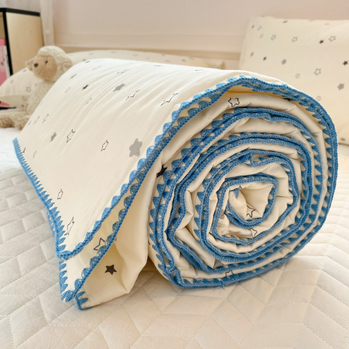 91家纺网 家纺一手货源 找家纺 一加一 2026新款全棉双层纱卡通毛巾绣大豆夏被夏凉被空调被-卡通生活 星星小兔