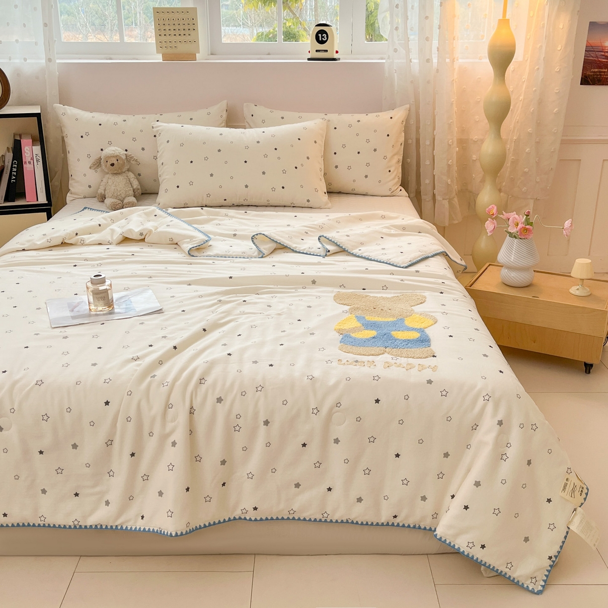 91家纺网 家纺一手货源 找家纺 一加一 2026新款全棉双层纱卡通毛巾绣大豆夏被夏凉被空调被-卡通生活 星星小兔