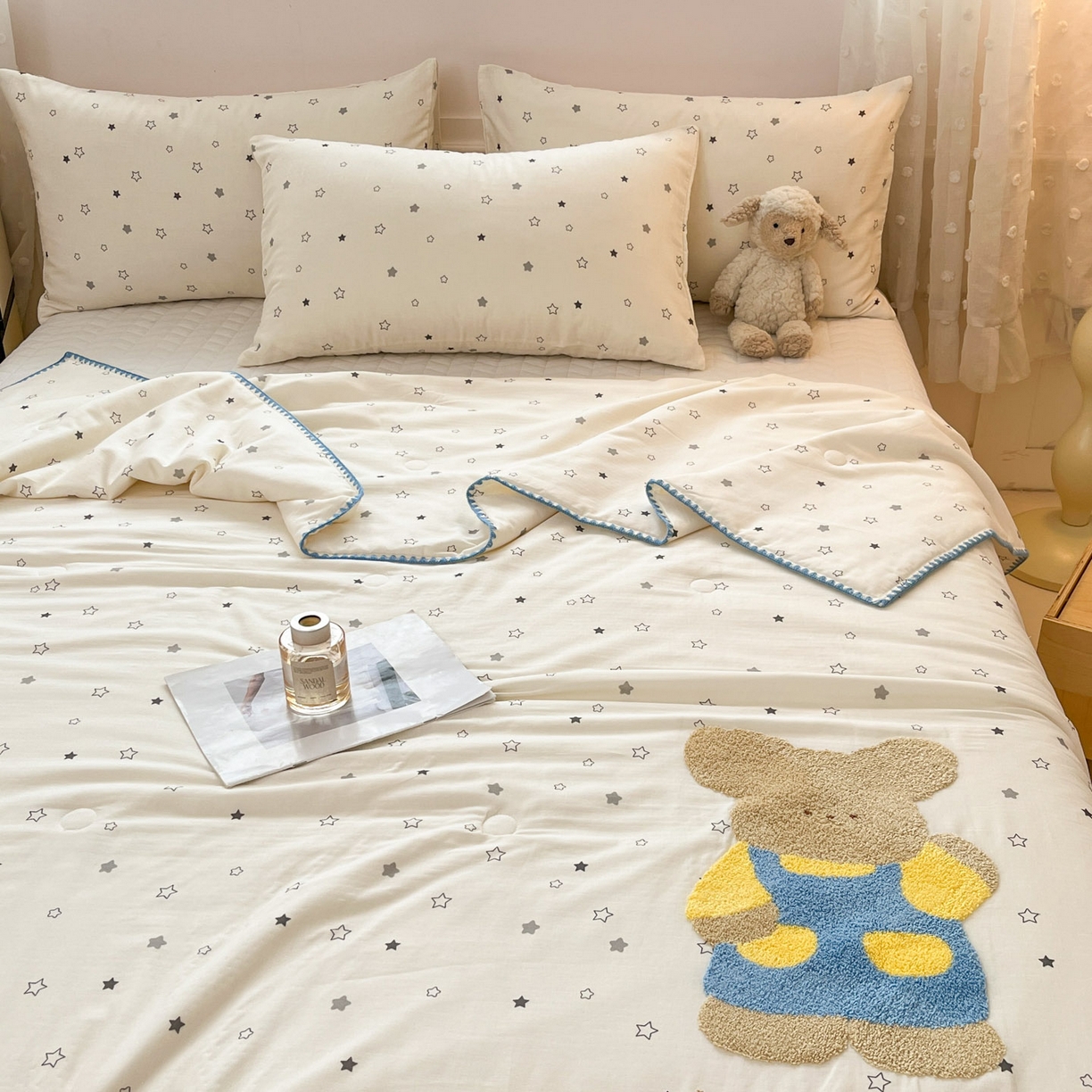 91家纺网 家纺一手货源 找家纺 一加一 2026新款全棉双层纱卡通毛巾绣大豆夏被夏凉被空调被-卡通生活 星星小兔