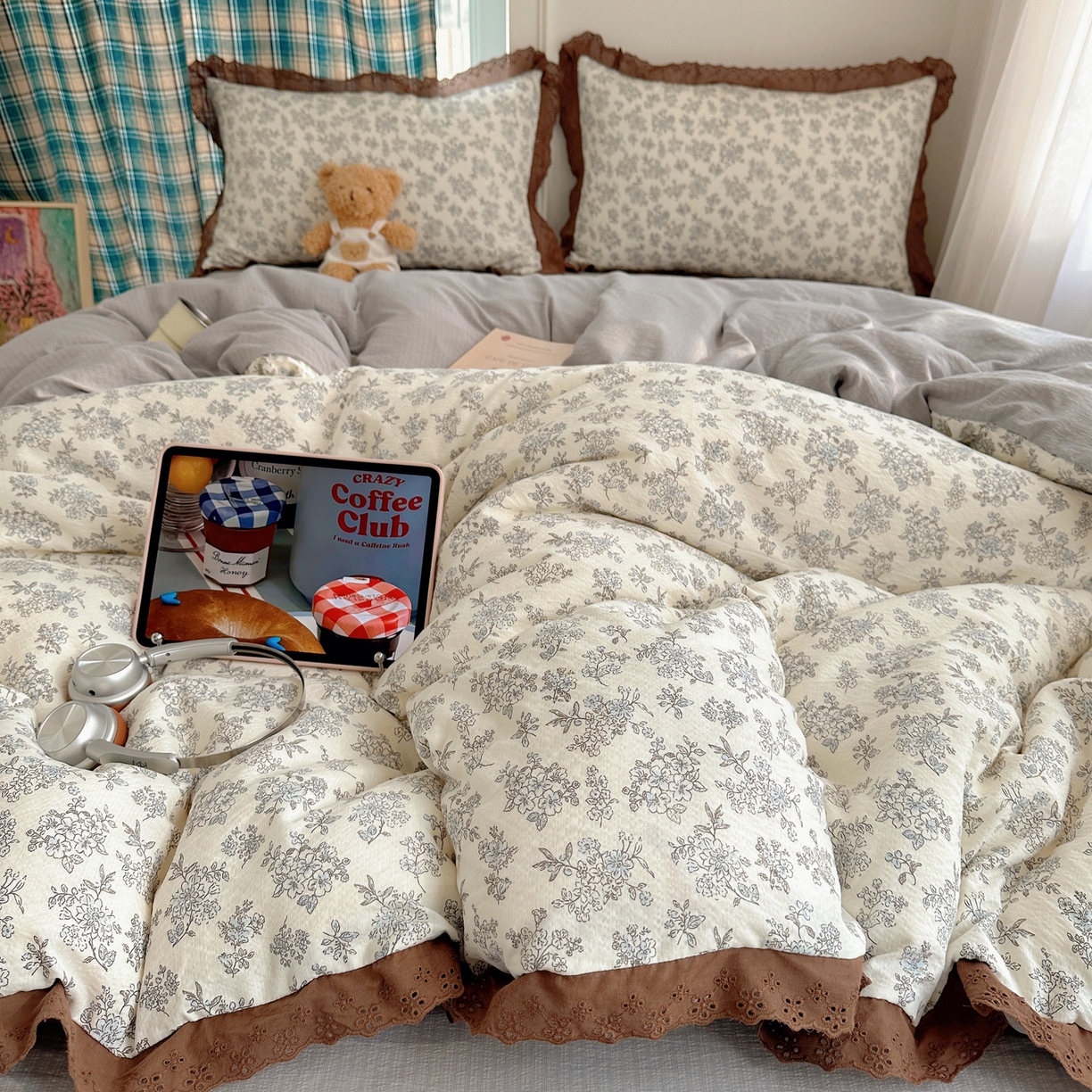 91家纺网 家纺一手货源 找家纺 仟网汇 2026新款彩色花边皱皱纱四件套 阑珊