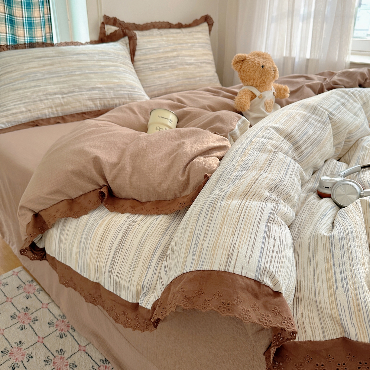 91家纺网 家纺一手货源 找家纺 仟网汇 2026新款彩色花边皱皱纱四件套 罗卡