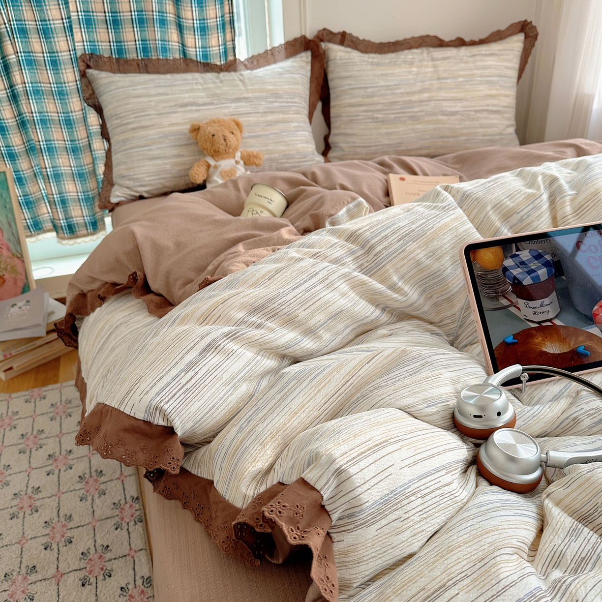 91家纺网 家纺一手货源 找家纺 仟网汇 2026新款彩色花边皱皱纱四件套 罗卡