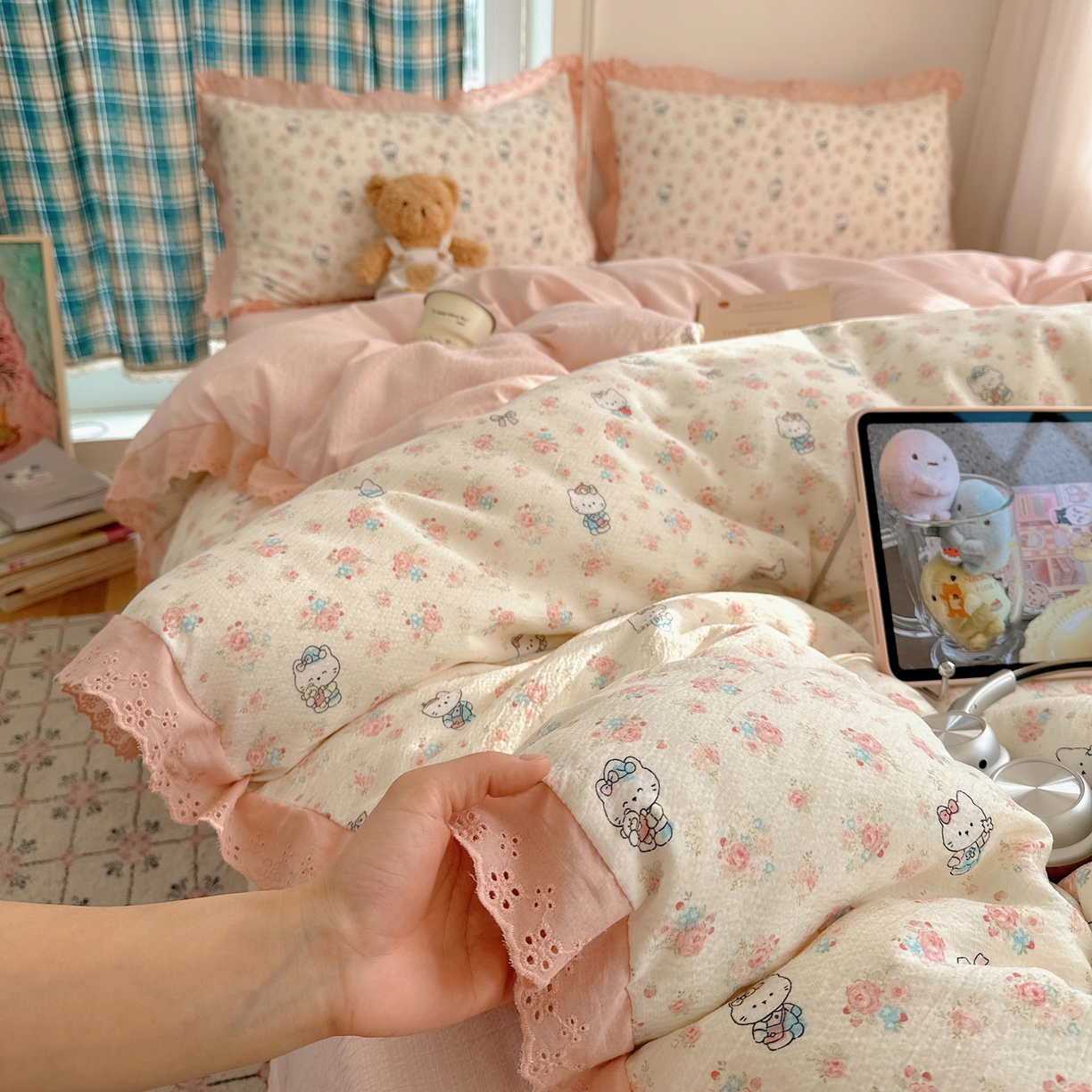 仟网汇 2026新款彩色花边皱皱纱四件套 奶芙喵